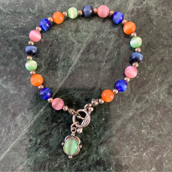 Multicolor Cats Eye And Beaded Sterling Silver Bracelet With Charm Toggle 7.25” - Picture 2 of 7
